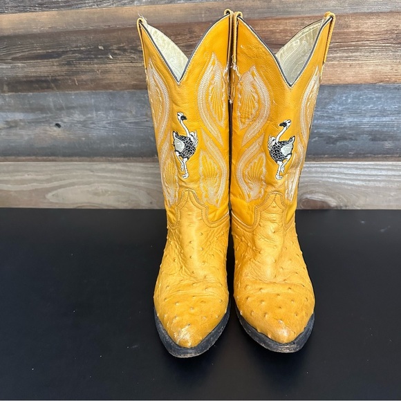 Dos De Oro Leather Western Cowboy Yellow Biker Pull On Mens Boots 7.5 Vintage - Picture 6 of 15